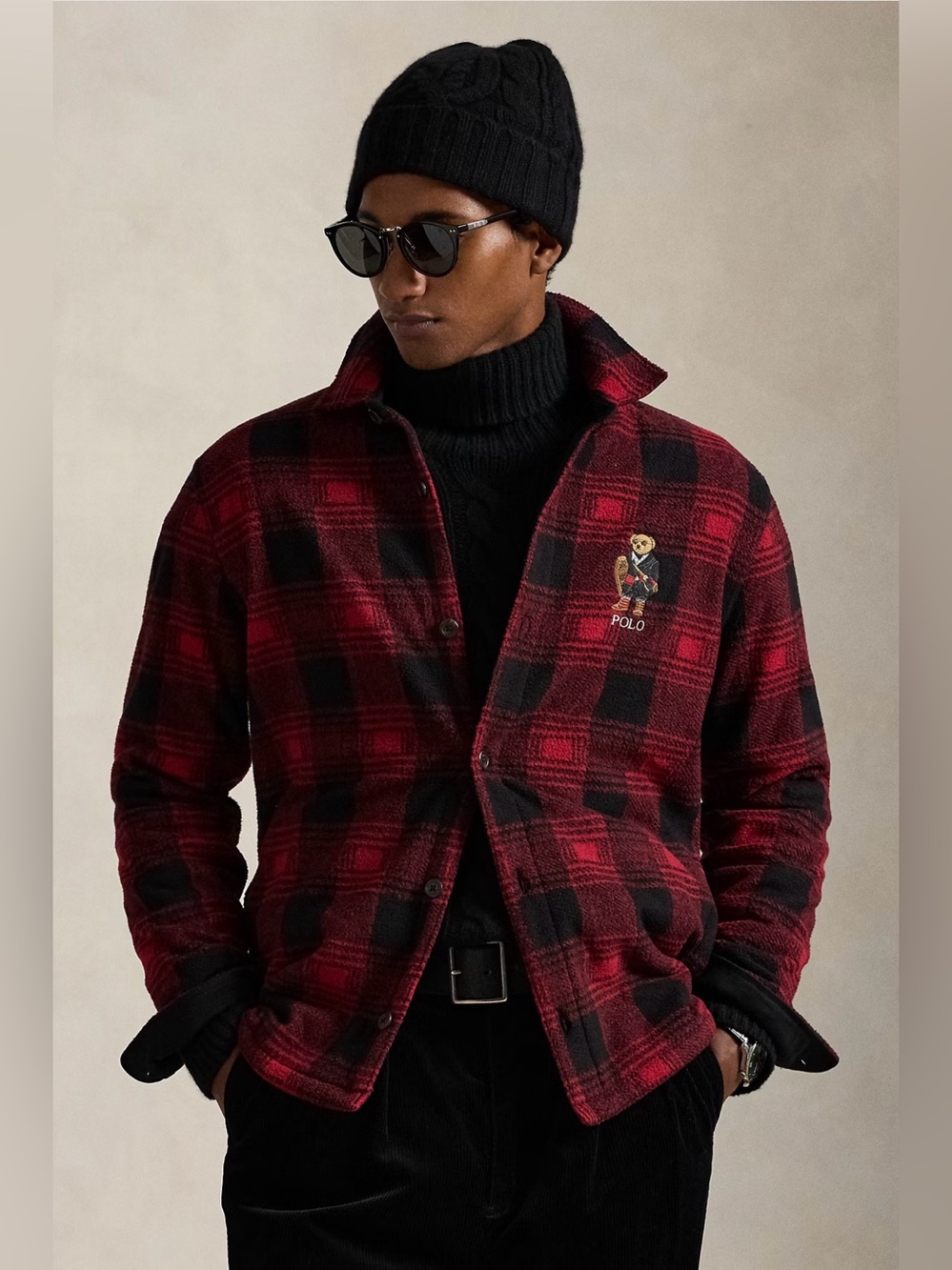 Polo Ralph Lauren Red & Black Plaid SNOWSHOE BEAR Fleece Jacquard Shirt Jacket